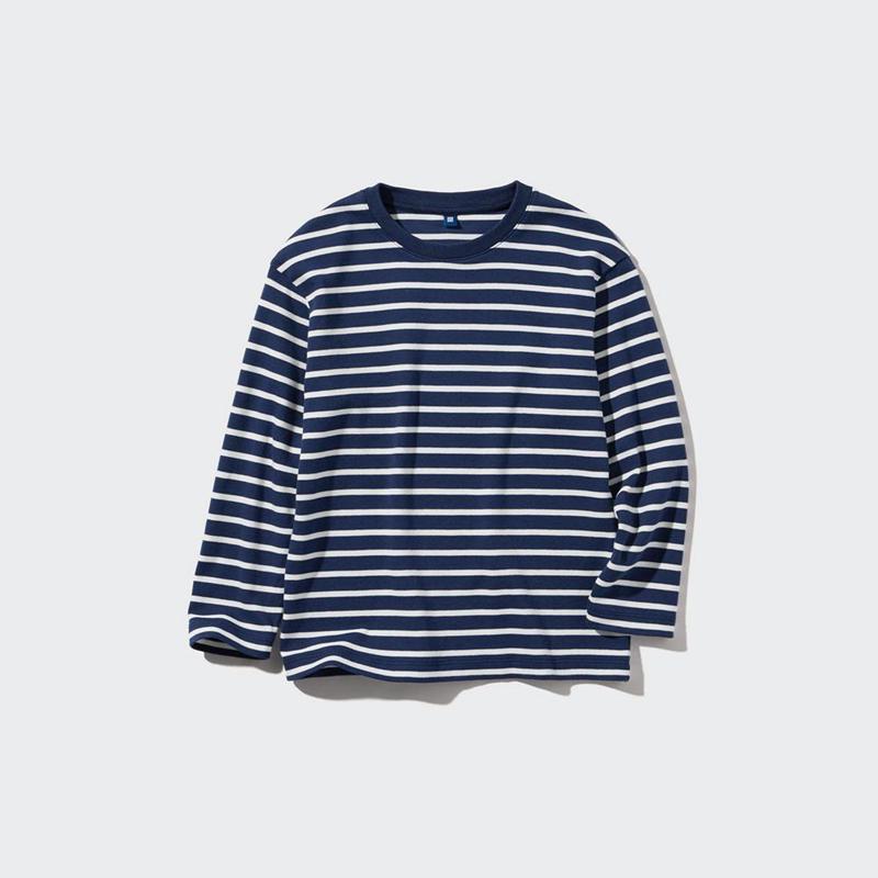 Uniqlo Kids Soft Brushed Cotton Striped Crew Neck Long Sleeved Kids' T-Shirt Off White  US |  BZAJ-48019