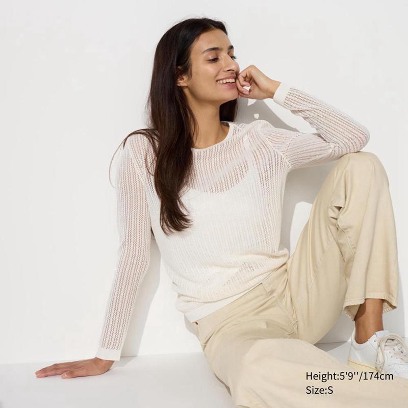 Uniqlo Lace Crew Neck Women Jumper Off White  US |  KNCI-49325