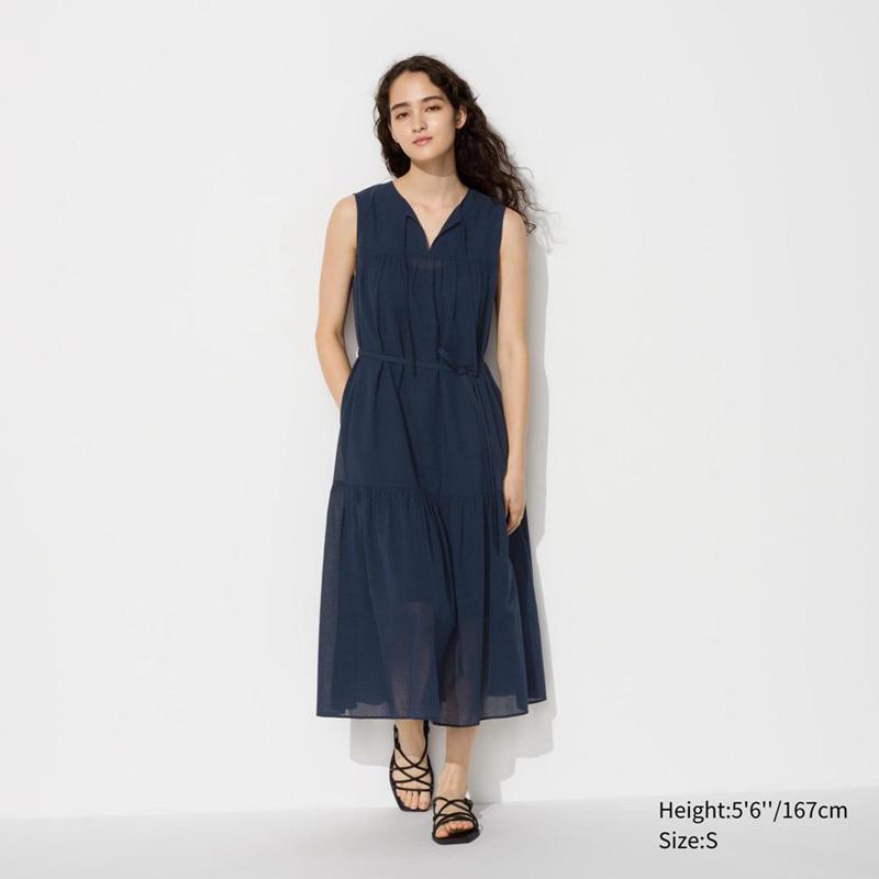 Uniqlo Light Cotton (Check, Sleeveless) Women Dress Navy  US |  IBWM-82409