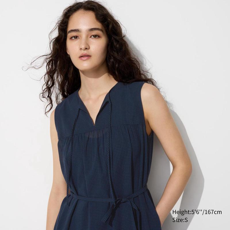 Uniqlo Light Cotton (Check, Sleeveless) Women Dress Navy  US |  IBWM-82409