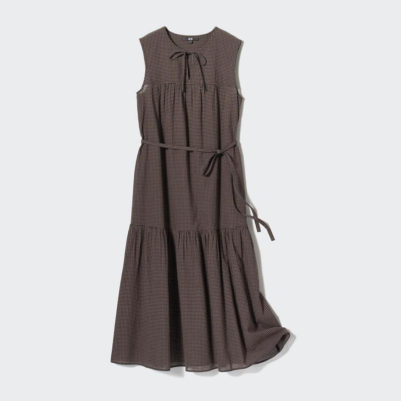 Uniqlo Light Cotton (Check, Sleeveless) Women Dress Brown  US |  CNUH-19764