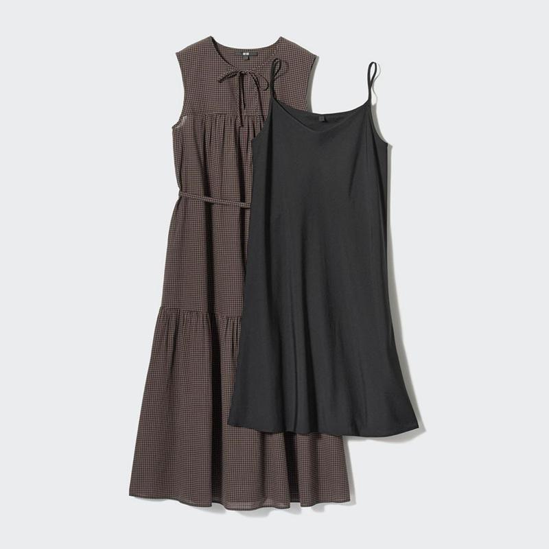 Uniqlo Light Cotton (Check, Sleeveless) Women Dress Brown  US |  CNUH-19764