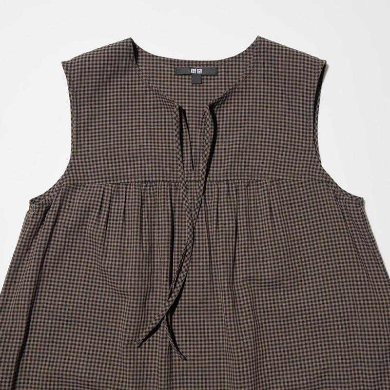 Uniqlo Light Cotton (Check, Sleeveless) Women Dress Brown  US |  CNUH-19764