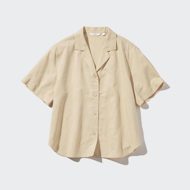 Uniqlo Linen Blend (Open Collar) Women Short Sleeve Shirts Beige  US |  DLPZ-87342