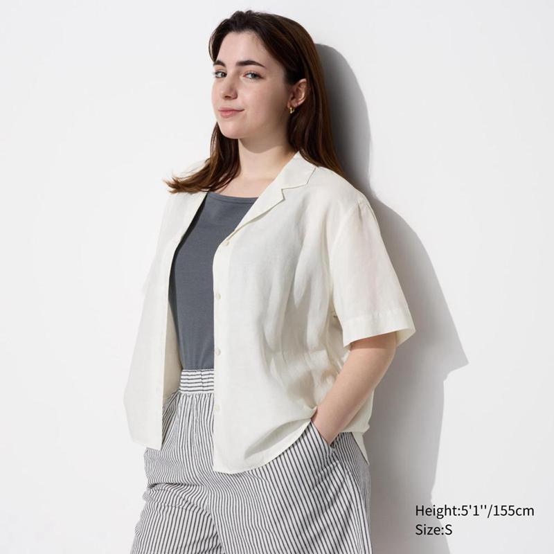 Uniqlo Linen Blend (Open Collar) Women Short Sleeve Shirts Off White  US |  QDNY-36470