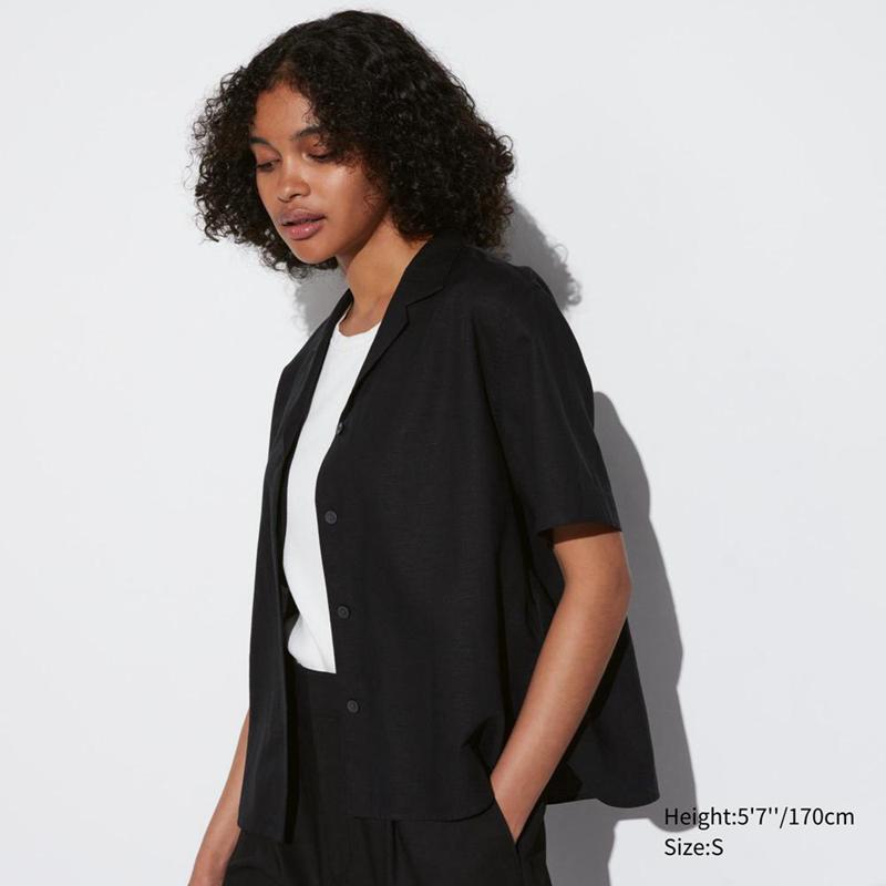 Uniqlo Linen Blend (Open Collar) Women Short Sleeve Shirts Black  US |  WXOV-26371