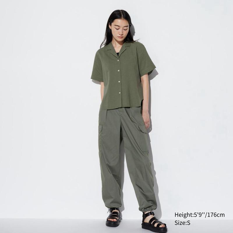 Uniqlo Linen Blend (Open Collar) Women Short Sleeve Shirts Olive  US |  FDGW-54389