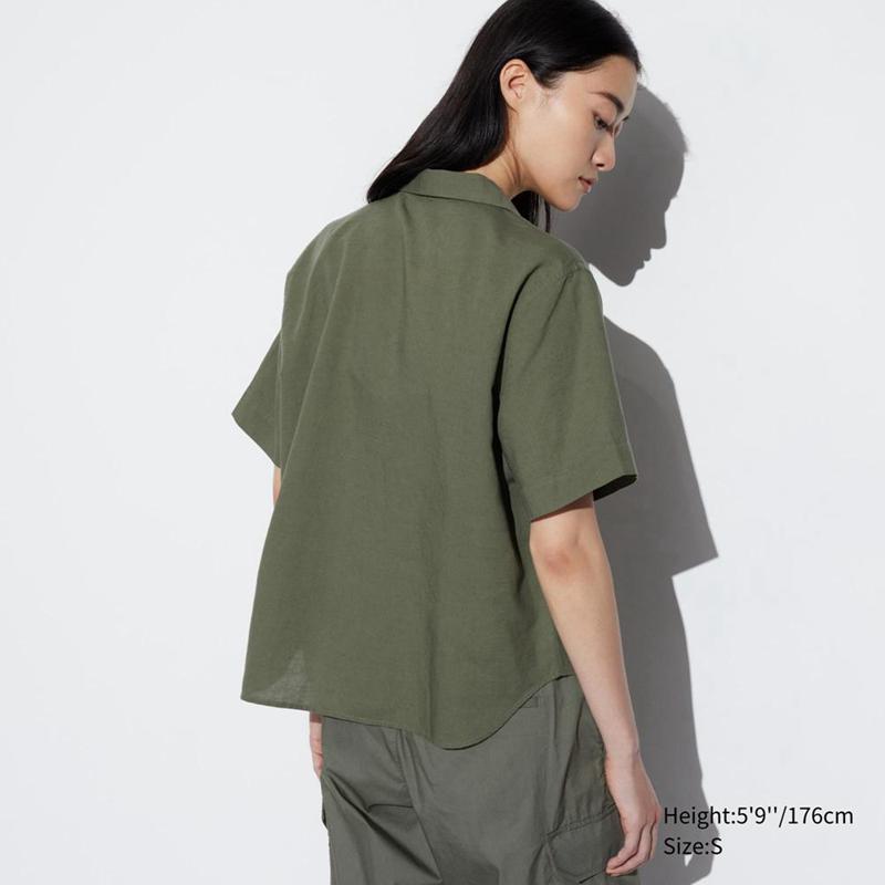 Uniqlo Linen Blend (Open Collar) Women Short Sleeve Shirts Olive  US |  FDGW-54389