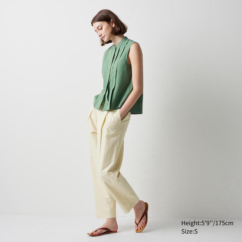 Uniqlo Linen Blend Pleated Tapered (Long) Women Trousers Beige  US |  KHJL-35840