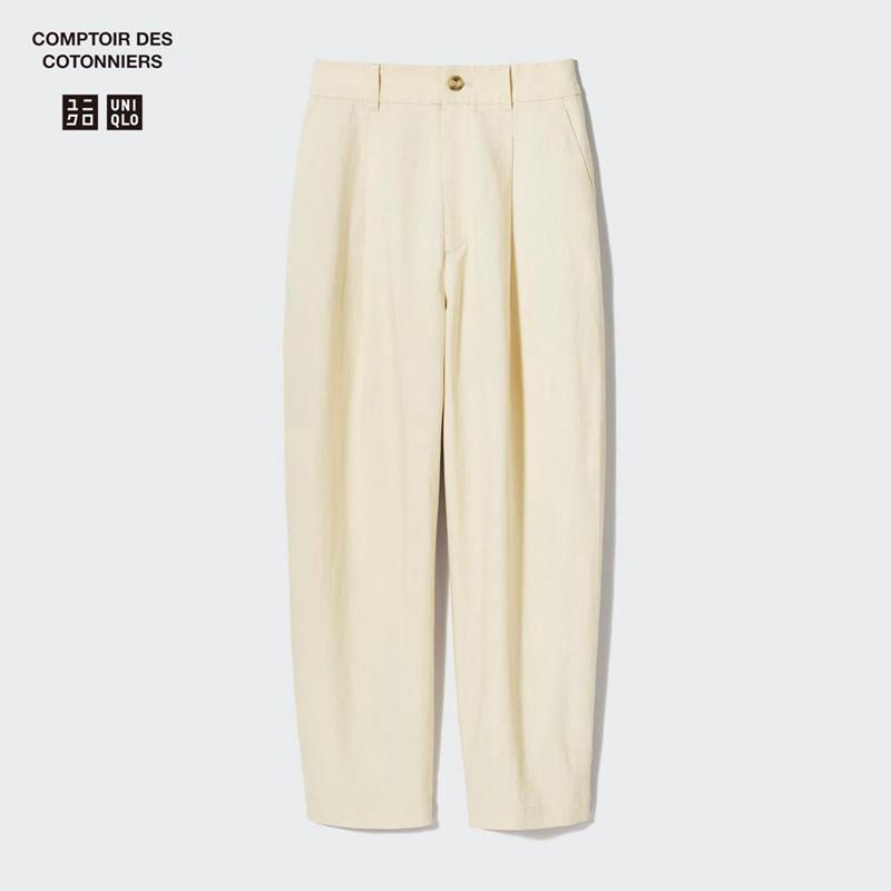 Uniqlo Linen Blend Pleated Tapered (Long) Women Trousers Beige  US |  KHJL-35840