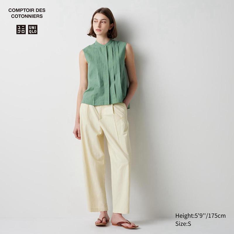 Uniqlo Linen Blend Pleated Tapered (Long) Women Trousers Beige  US |  KHJL-35840