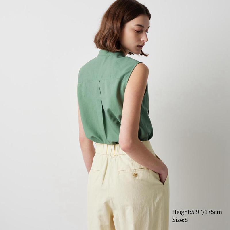 Uniqlo Linen Blend Pleated Tapered (Long) Women Trousers Green  US |  INCW-15790