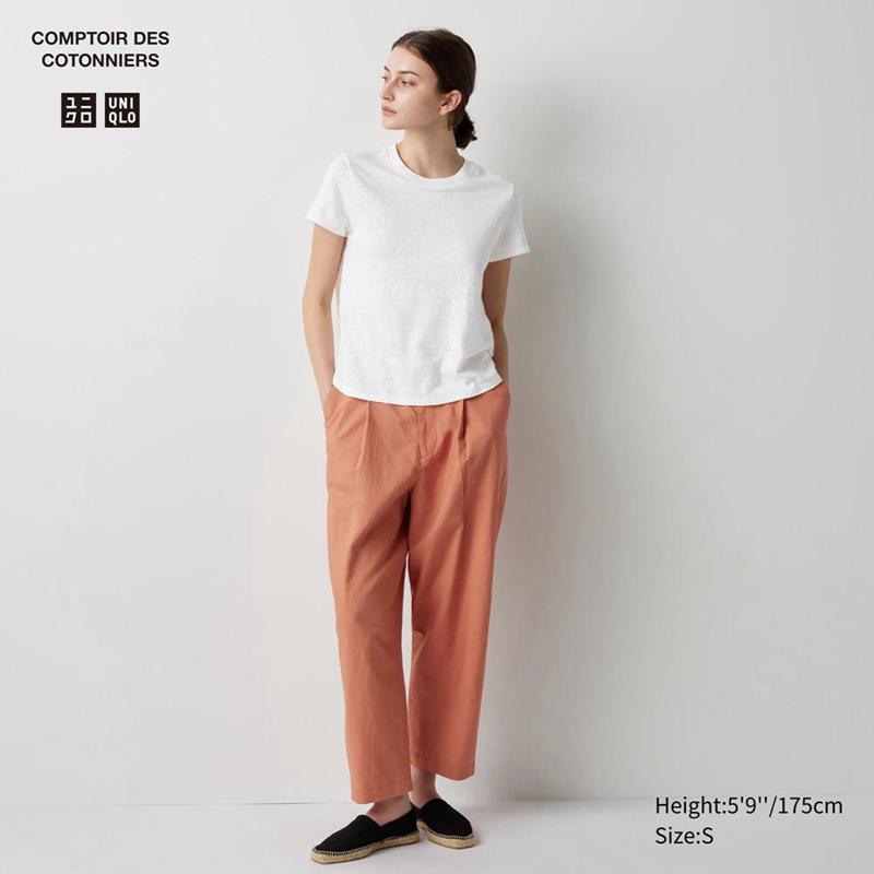 Uniqlo Linen Blend Pleated Tapered (Long) Women Trousers Orange  US |  LBEF-53296