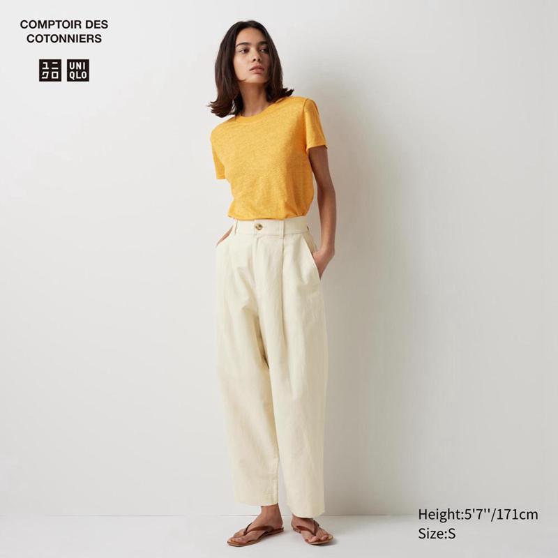 Uniqlo Linen Blend Pleated Tapered Women Trousers Beige  US |  JHDW-86935