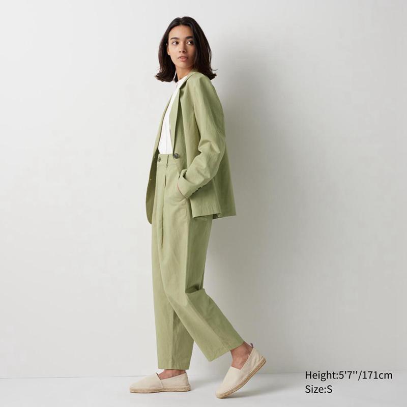 Uniqlo Linen Blend Pleated Tapered Women Trousers Green  US |  JFHL-96527