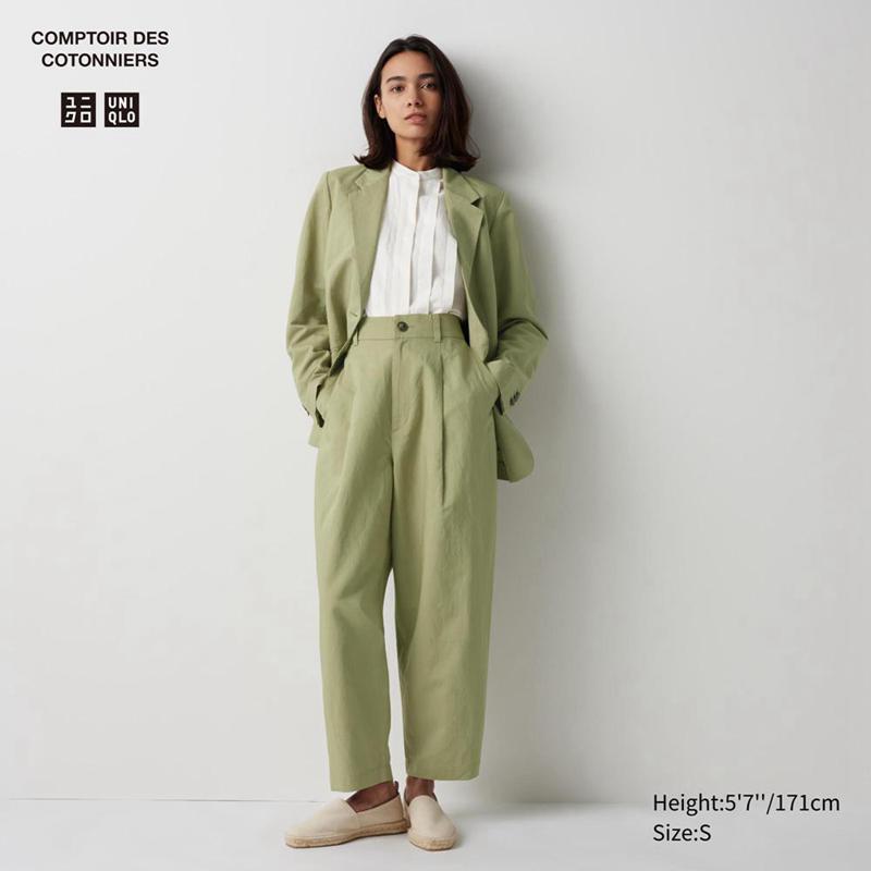 Uniqlo Linen Blend Pleated Tapered Women Trousers Green  US |  JFHL-96527