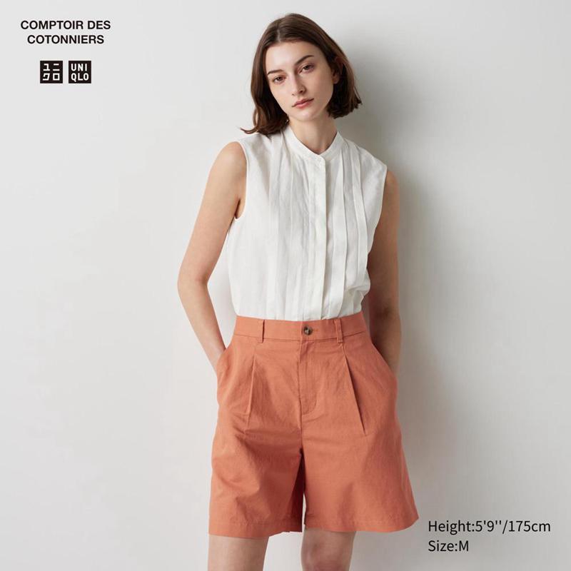 Uniqlo Linen Blend Pleated Women Shorts Orange  US |  XIGA-52096