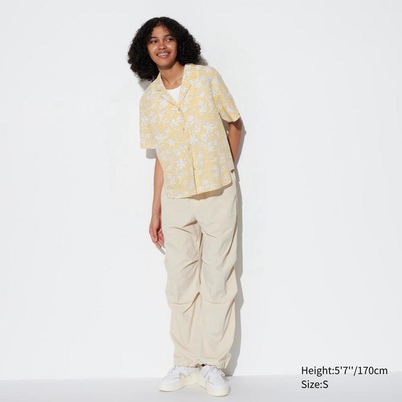 Uniqlo Linen Blend (Print, Open Collar) Women Short Sleeve Shirts Yellow  US |  TQHC-54197