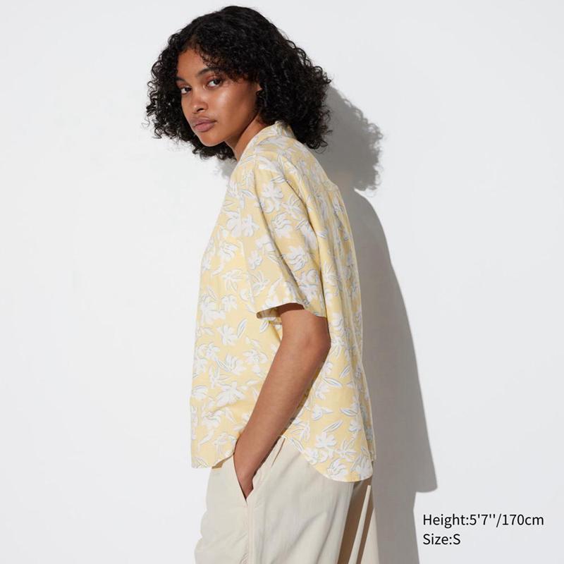 Uniqlo Linen Blend (Print, Open Collar) Women Short Sleeve Shirts Yellow  US |  TQHC-54197