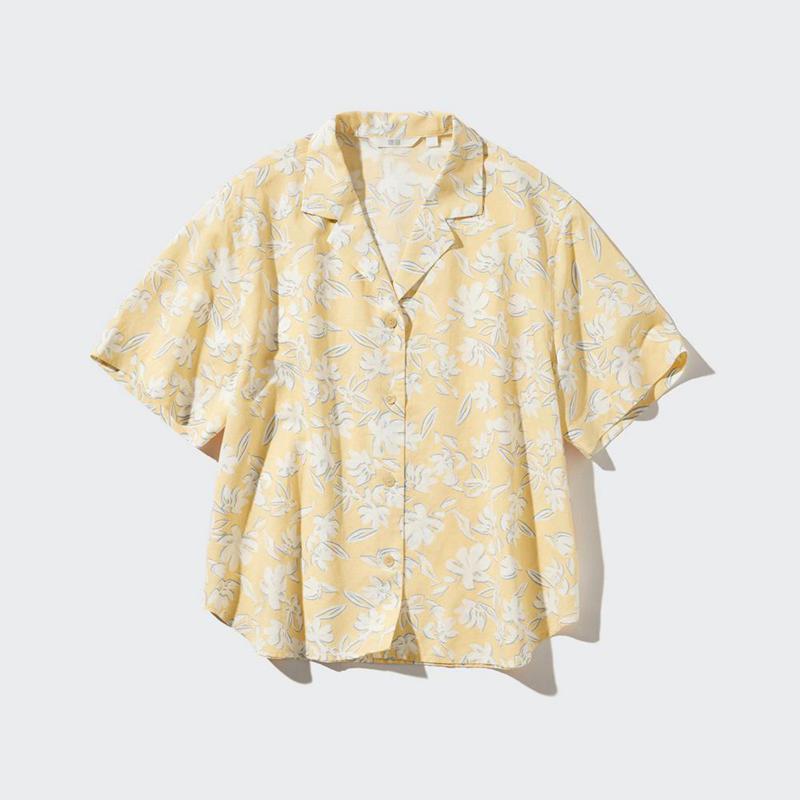 Uniqlo Linen Blend (Print, Open Collar) Women Short Sleeve Shirts Yellow  US |  TQHC-54197