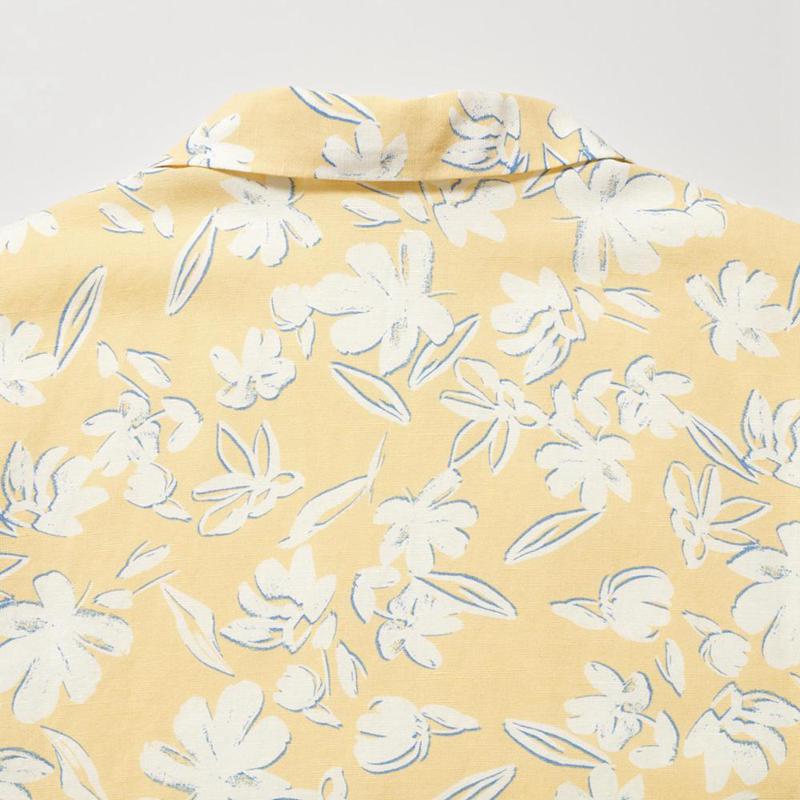 Uniqlo Linen Blend (Print, Open Collar) Women Short Sleeve Shirts Yellow  US |  TQHC-54197