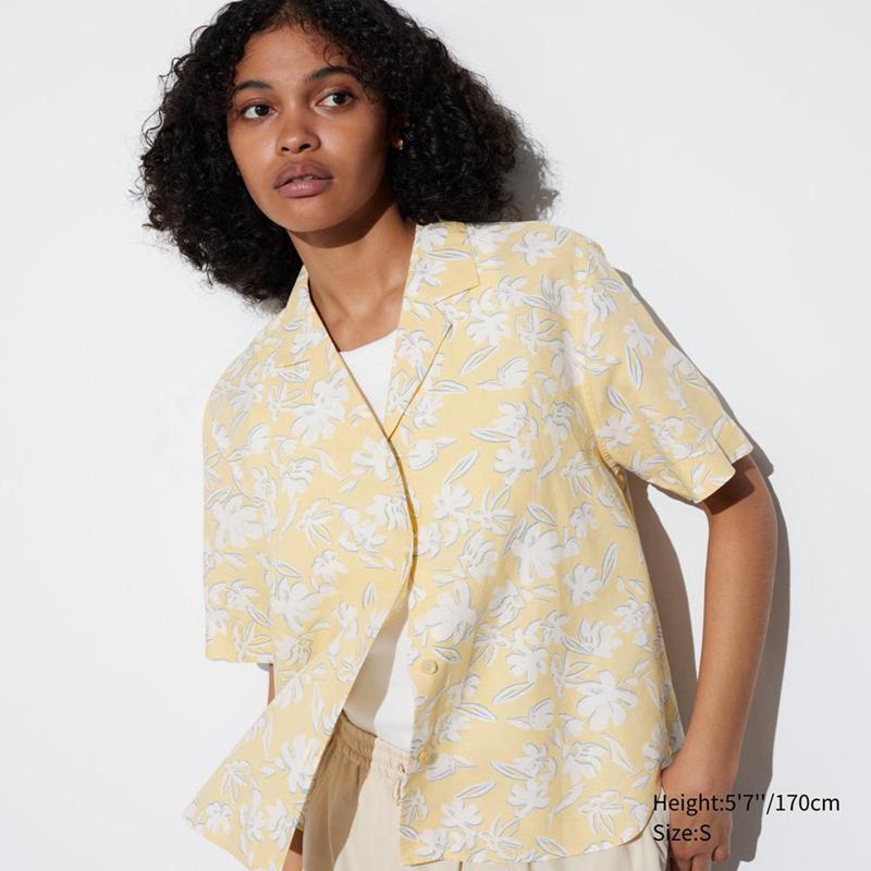 Uniqlo Linen Blend (Print, Open Collar) Women Short Sleeve Shirts Yellow  US |  TQHC-54197