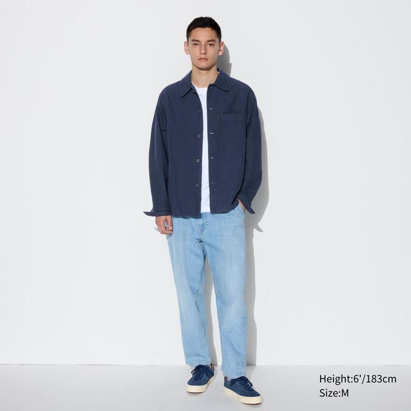 Uniqlo Linen Blend Relaxed Men Overshirts Navy  US |  YQFJ-97583