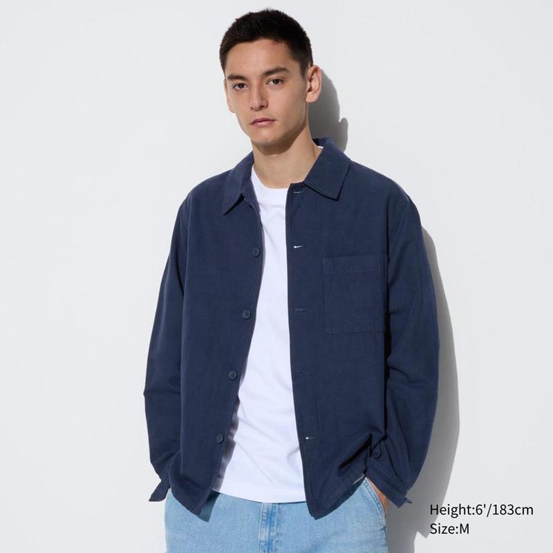 Uniqlo Linen Blend Relaxed Men Overshirts Navy  US |  YQFJ-97583