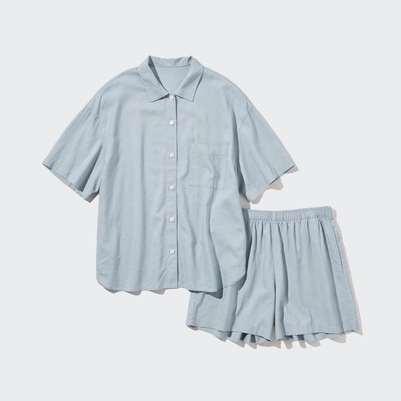 Uniqlo Linen Blend (Short Sleeve) Women Pyjamas Blue  US |  FBDX-19308