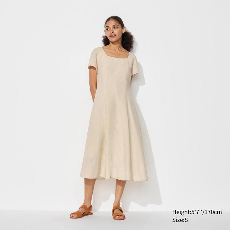 Uniqlo Linen Blend Square Neck (Short Sleeve) Women Dress Beige  US |  XCYK-41790