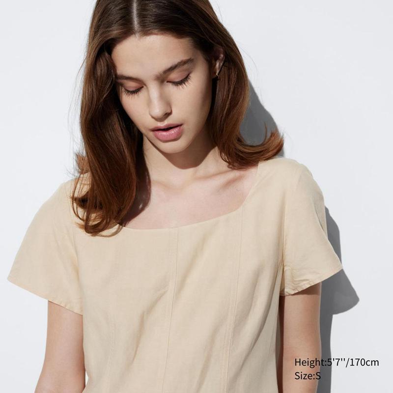 Uniqlo Linen Blend Square Neck (Short Sleeve) Women Dress Beige  US |  XCYK-41790