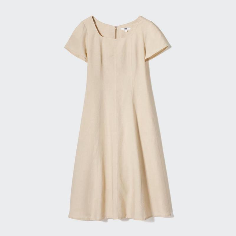 Uniqlo Linen Blend Square Neck (Short Sleeve) Women Dress Beige  US |  XCYK-41790