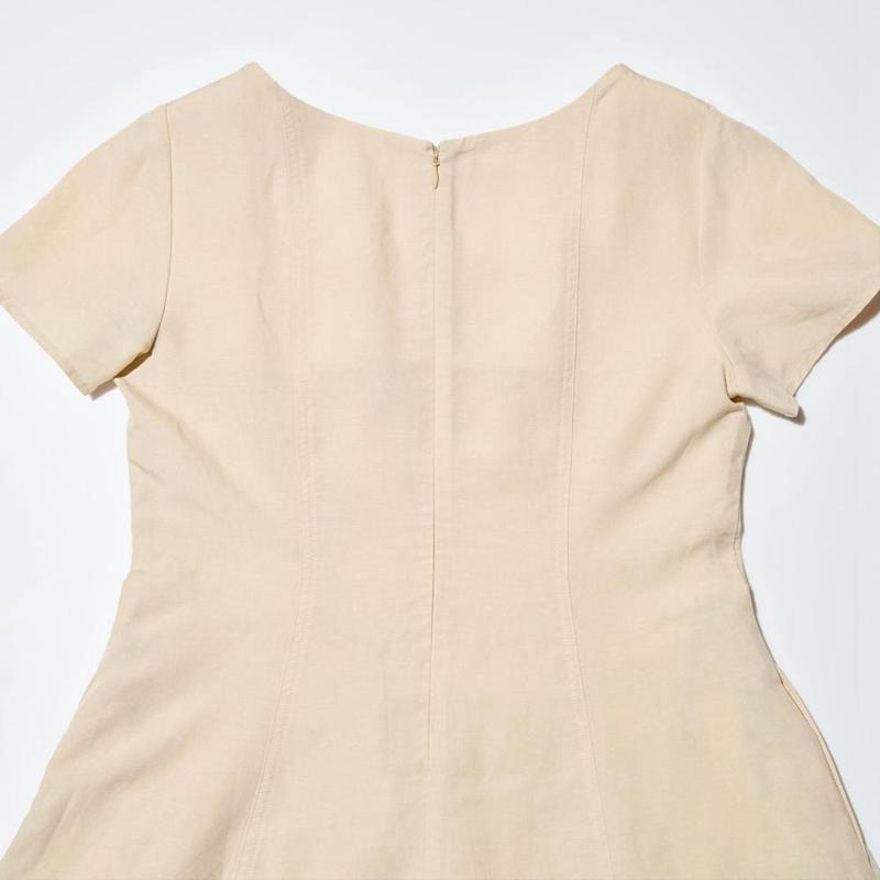 Uniqlo Linen Blend Square Neck (Short Sleeve) Women Dress Beige  US |  XCYK-41790