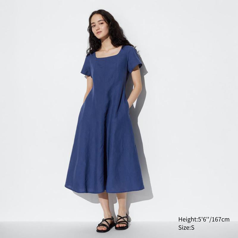 Uniqlo Linen Blend Square Neck (Short Sleeve) Women Dress Blue  US |  AHNV-83074