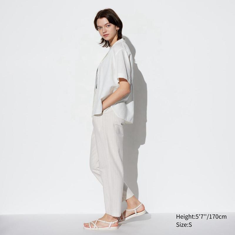 Uniqlo Linen Cotton Blend Tapered (Stripe) Women Trousers Off White  US |  RKQE-27350