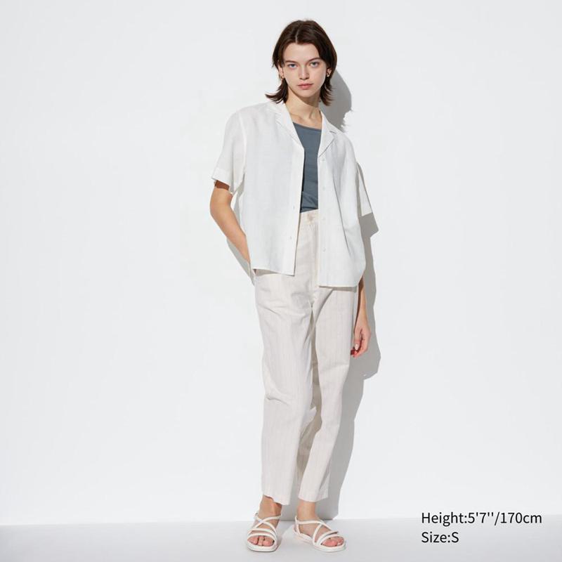 Uniqlo Linen Cotton Blend Tapered (Stripe) Women Trousers Off White  US |  RKQE-27350