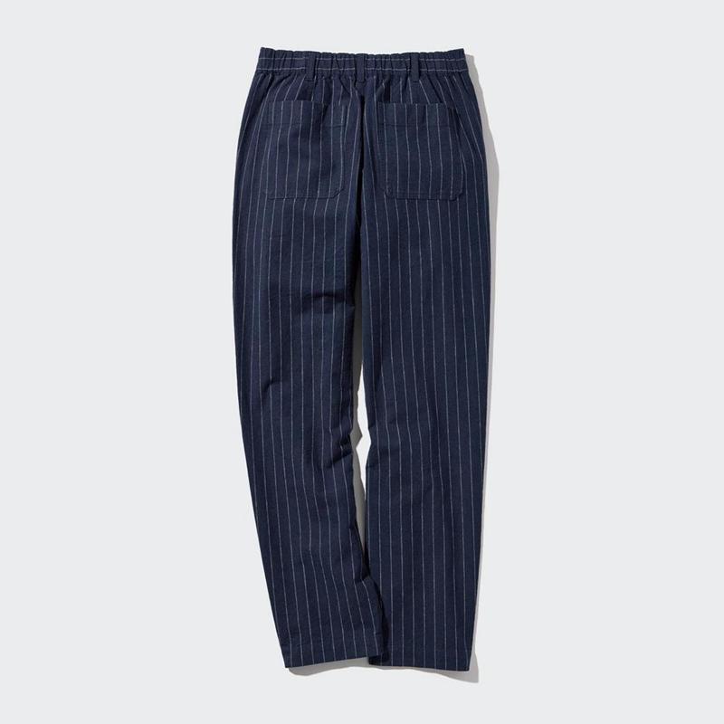 Uniqlo Linen Cotton Blend Tapered (Stripe, Long) Women Trousers Navy  US |  EROF-53817