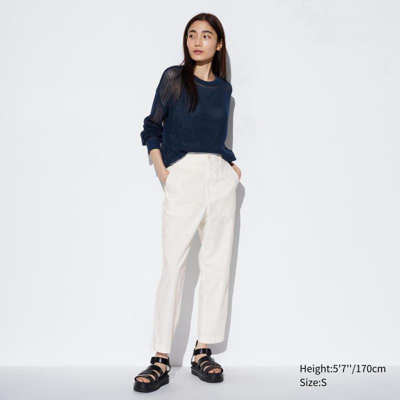 Uniqlo Linen Cotton Blend Tapered Women Trousers Off White  US |  KWCT-64531