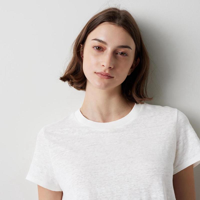 Uniqlo Linen Crew Neck Women T-Shirts Black  US |  YUMJ-82150