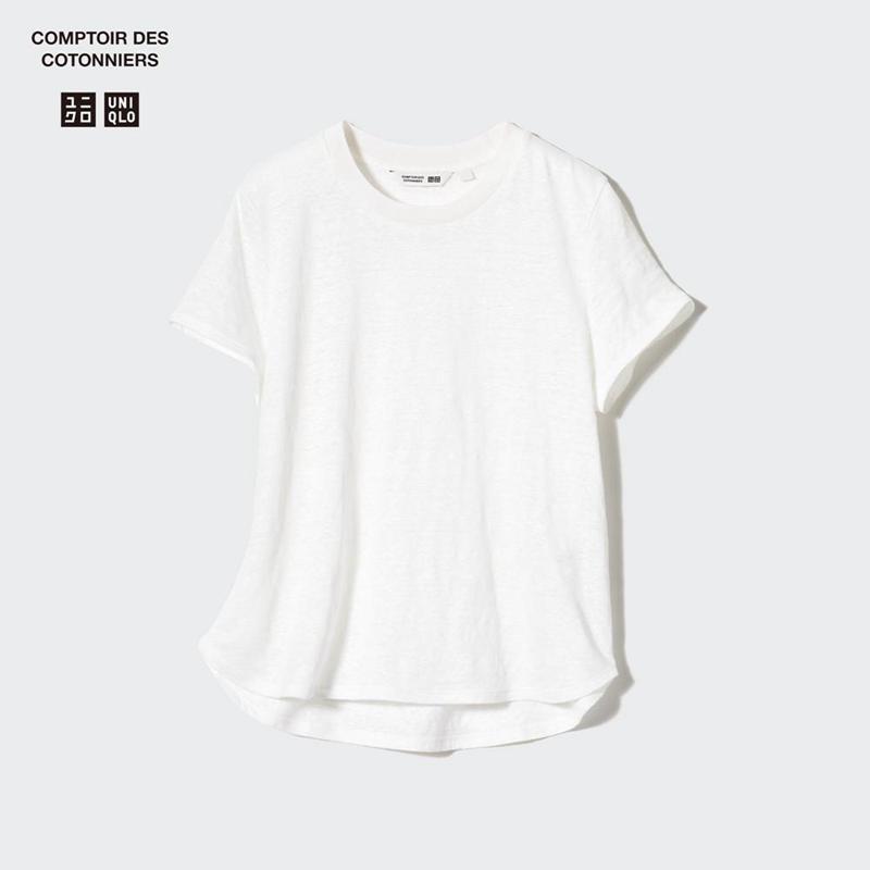 Uniqlo Linen Crew Neck Women T-Shirts Black  US |  YUMJ-82150