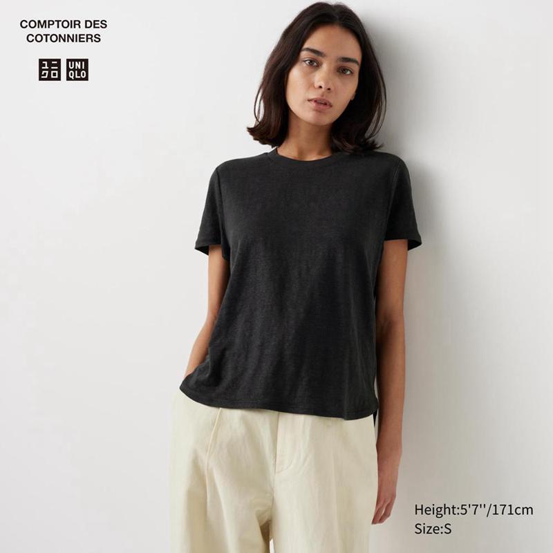 Uniqlo Linen Crew Neck Women T-Shirts Black  US |  YUMJ-82150