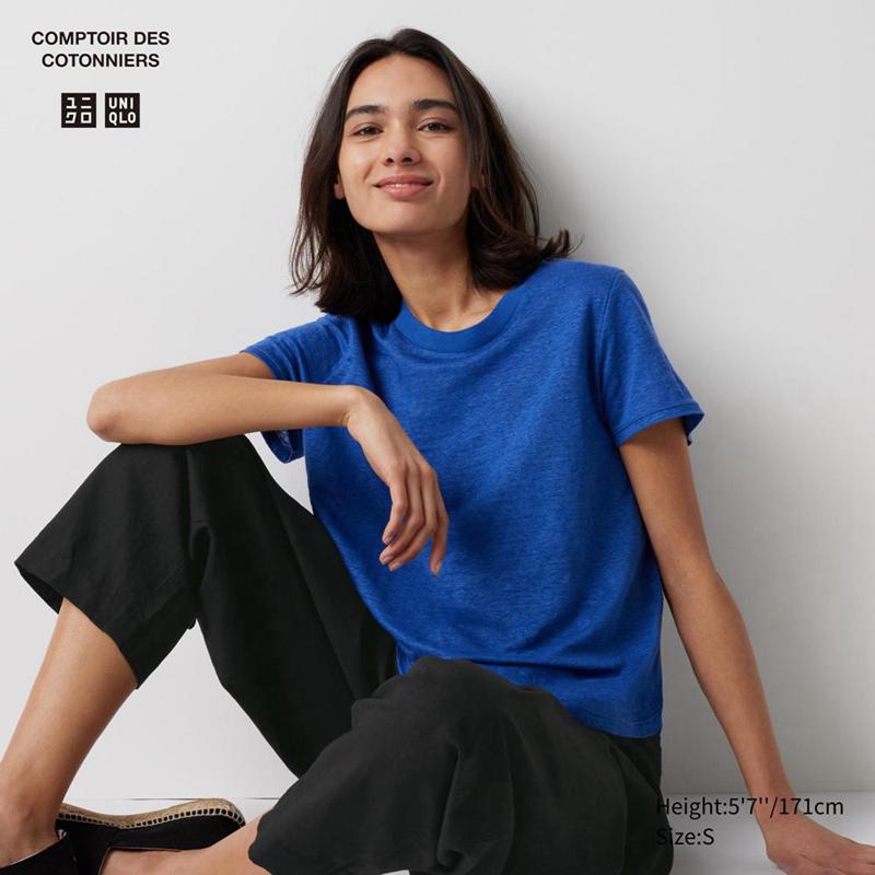 Uniqlo Linen Crew Neck Women T-Shirts Blue  US |  ZXGD-91854