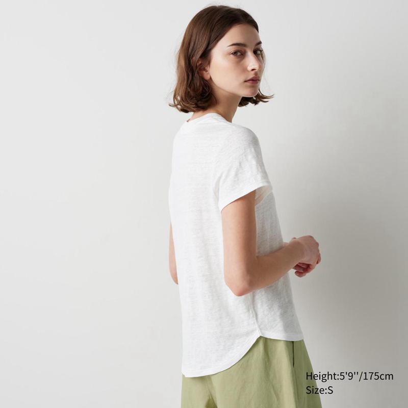 Uniqlo Linen Crew Neck Women T-Shirts Blue  US |  OHJM-84369