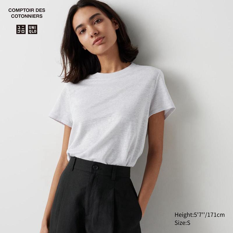 Uniqlo Linen Crew Neck Women T-Shirts Light Grey  US |  ZBGN-46987