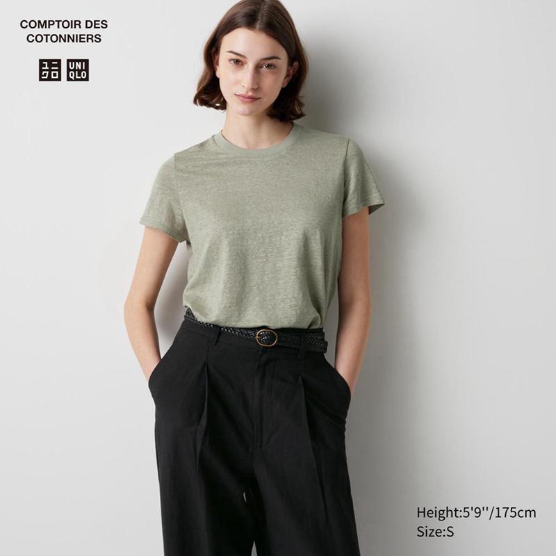 Uniqlo Linen Crew Neck Women T-Shirts Olive  US |  XCDQ-96150