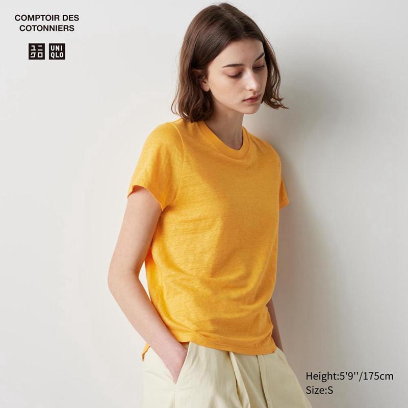 Uniqlo Linen Crew Neck Women T-Shirts Orange  US |  BCNW-38410