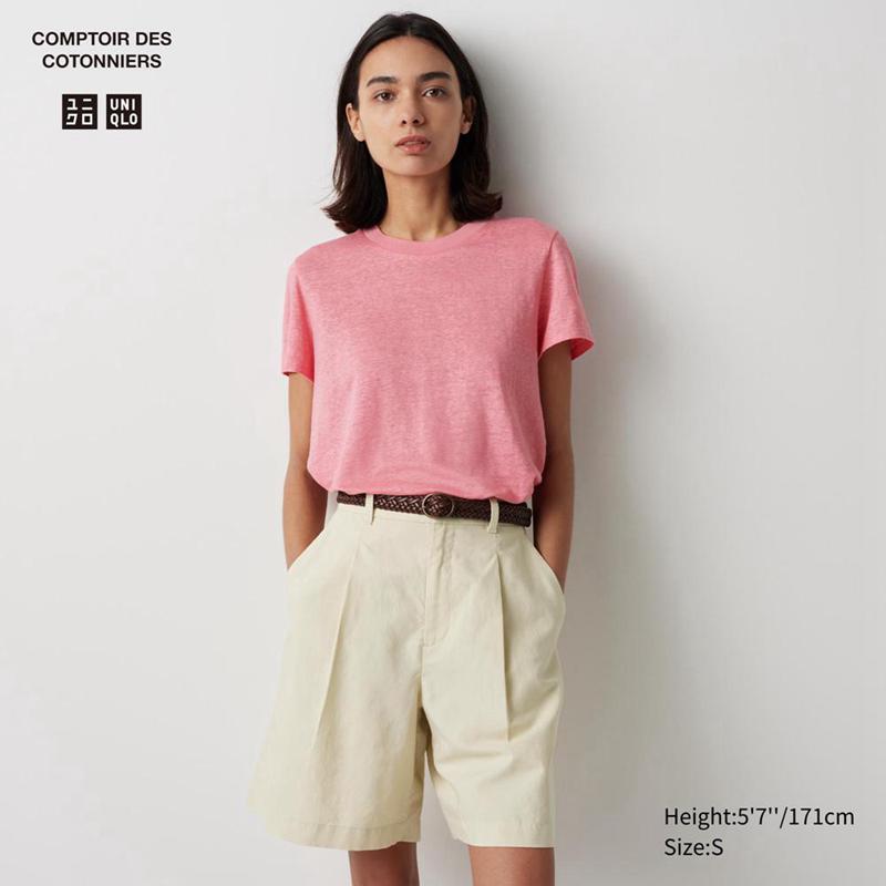 Uniqlo Linen Crew Neck Women T-Shirts Pink  US |  GPWN-79053