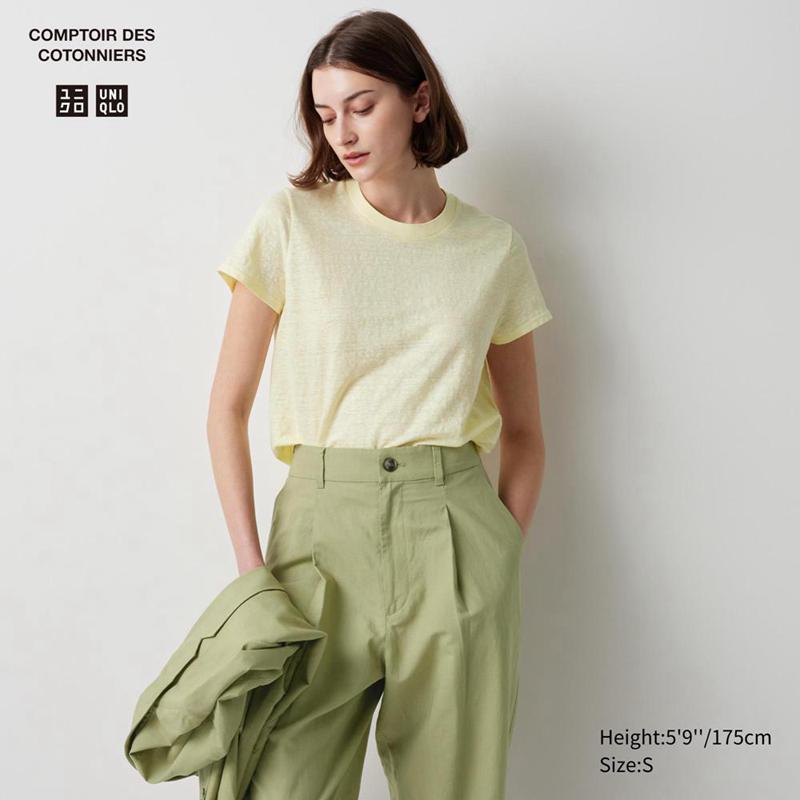 Uniqlo Linen Crew Neck Women T-Shirts Yellow  US |  XDCK-48236