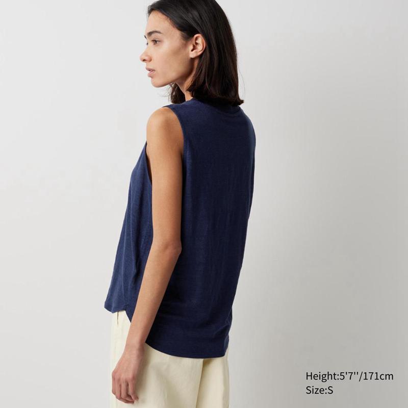 Uniqlo Linen Sleeveless Women T-Shirts Black  US |  JUPS-32471