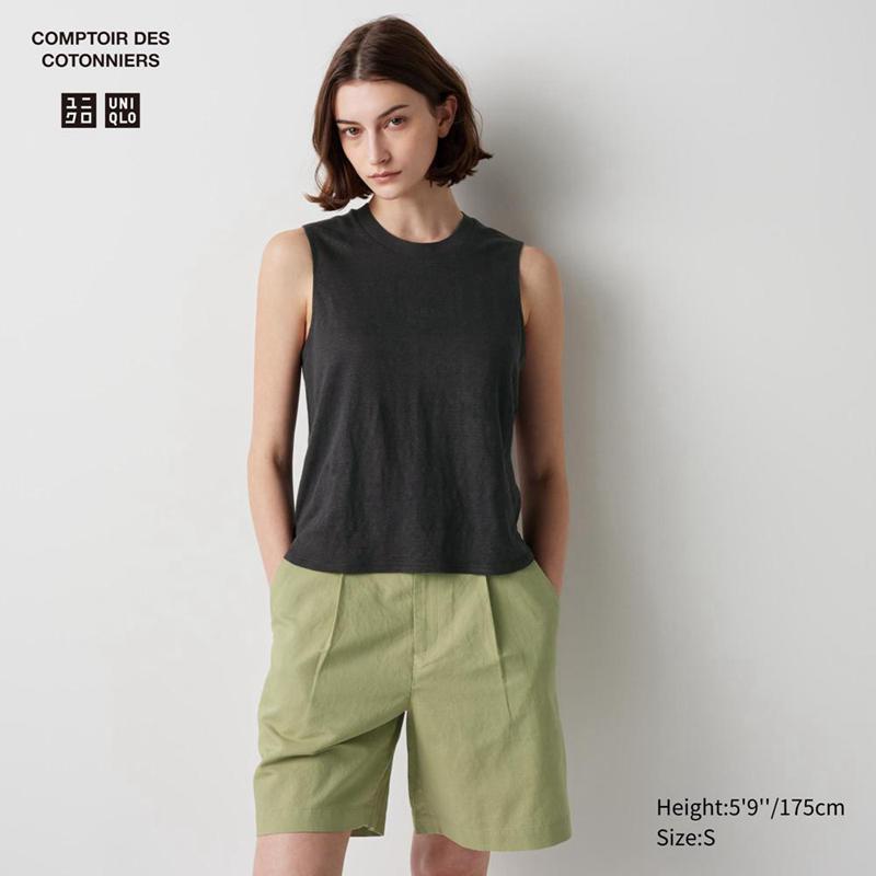 Uniqlo Linen Sleeveless Women T-Shirts Black  US |  JUPS-32471